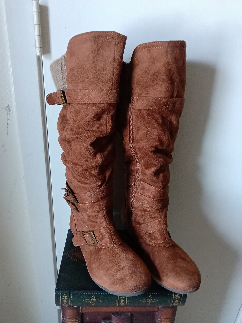 BONGO Brown Over-the-Knee Suede Boots with Buckle Detail